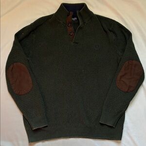 Chaps Green Henley Sweater Men‘s XL Elbow Patches Mock Neck Long Sleeve